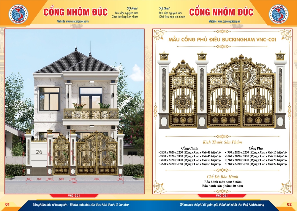 Thông số kỹ thuật Cổng nhôm đúc phù điêu Buckingham VNC-C01